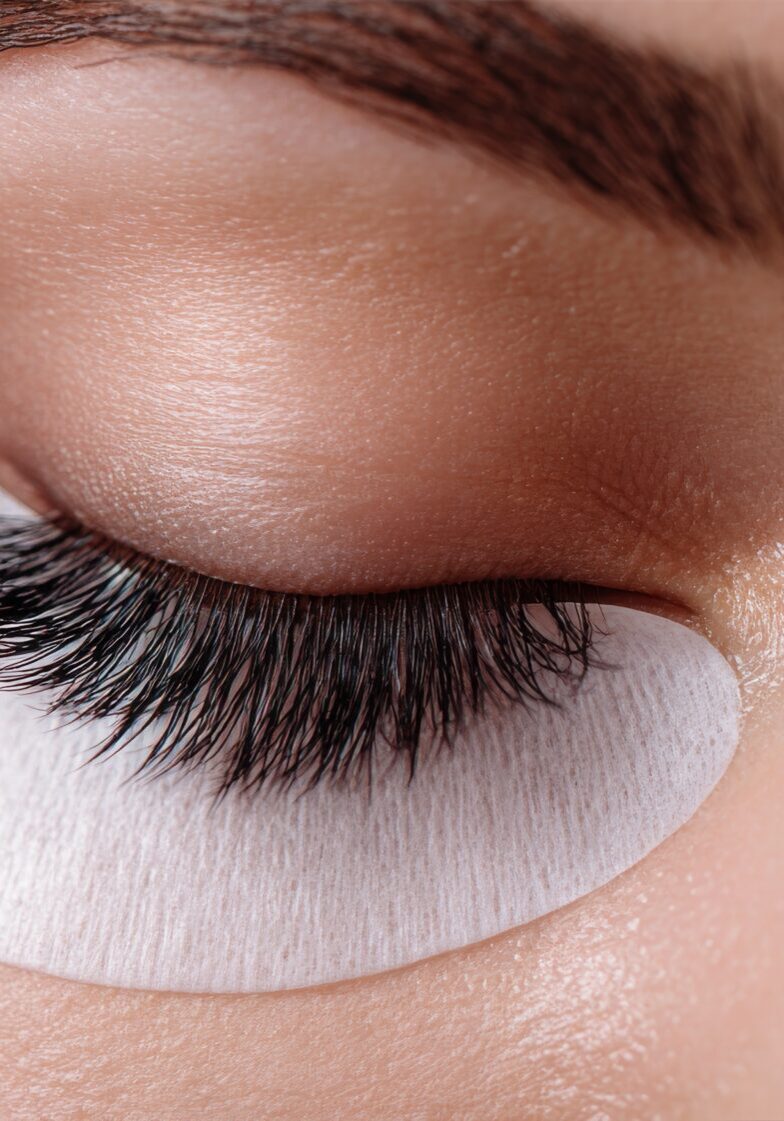 Close-up macro shot of a professional beauty master applying fake eyelashes extensions with tweezers on a young woman with closed eye in a salon